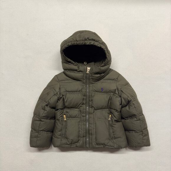 Ralph Lauren Girls Toddler 3T‎ Duck Down Winter Puffer Hooded Jacket Green Olive - Picture 1 of 11